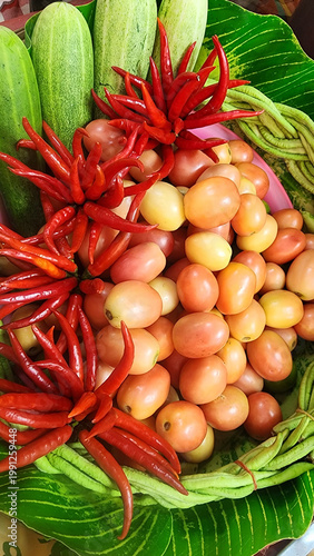 Colorful assortment of fresh vegetables in a tray: red chili peppers, tomatoes, cucumbers, and yardlong beans for somtam. Vibrant Thai street food market display highlighting freshness and healthy ing