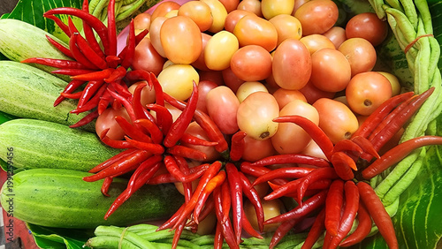 A close-up of colorful and vibrant Thai Som Tum (papaya salad) ingredients. Features fresh tomatoes, bunches of fiery red chilies, crisp cucumbers, and long beans in a market display.