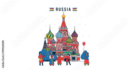 Saint Basil's Cathedral, Moscow, Russia with people in traditional costumes