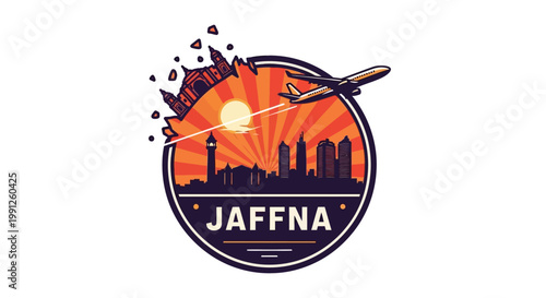 Jaffna Sri Lanka Cityscape Logo with Airplane and Sunset.