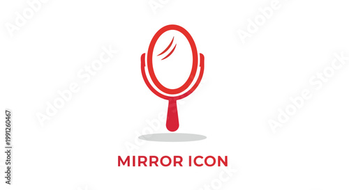 Elegant Red Mirror Icon with Handle and Reflection on White Background.