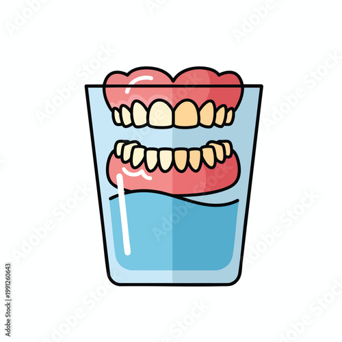Illustration of False Teeth Dentures Soaking in a Glass of Water.
