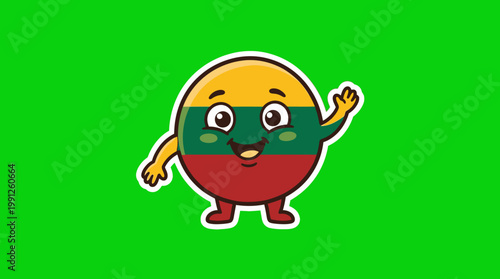 Friendly Cartoon Lithuanian Flag Character Waving Hello Cheerfully.