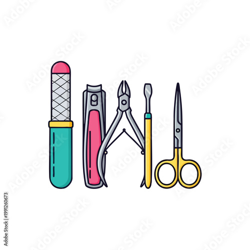 Set of colorful manicure and pedicure grooming tools isolated on white.