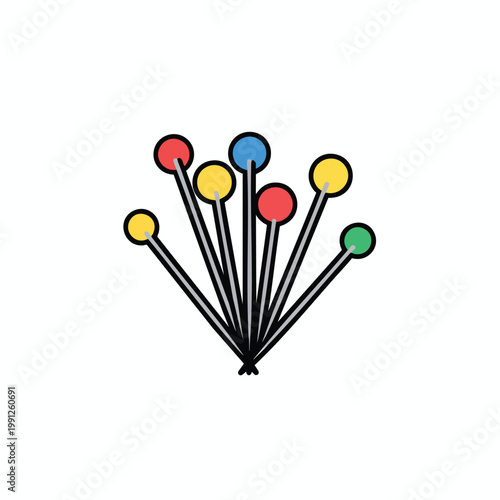A colorful set of sewing pins arranged in a fan shape.