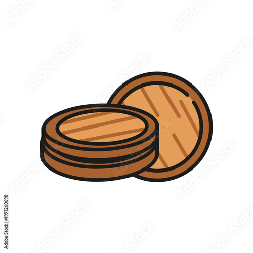 Icon of two wooden barrels or round wooden lids.