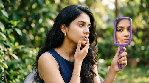 Young woman examining facial skin in a hand mirror outdoors
