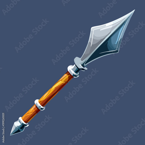 Canvas Print Pointy iron spearhead with wooden shaft for infantry weaponry and medieval milit