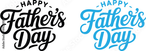 Elegant script typography celebrates Happy Fathers Day in classic black and vibrant blue lettering on white