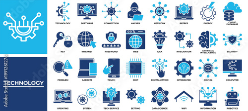 Technology icon set collection. Containing interaction, link, operation, question, transfer, database, intelligence .Solid vector icons collection