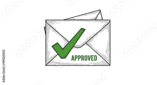 Hand drawn envelope with a green check mark and approved stamp.