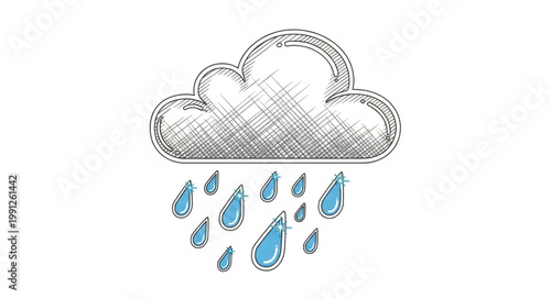 Hand drawn cloud with falling raindrops illustration.
