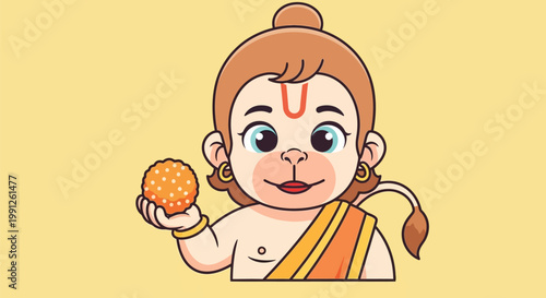 Cute Cartoon Hanuman Holding Laddu Offering Prasad.