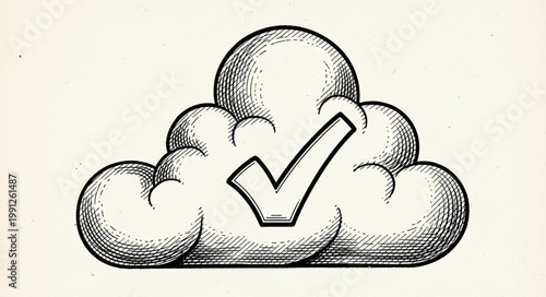 Hand drawn cloud with check mark symbol for approval.