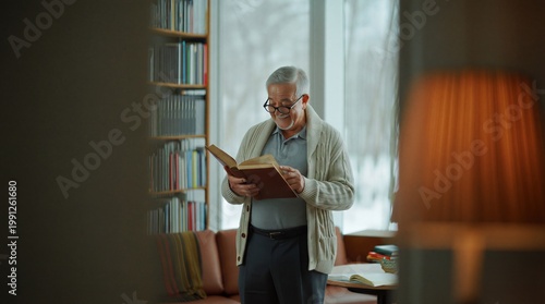 Senior bibliophile experiencing warm nostalgia while rediscovering a favorite passage in a cherished physical book.