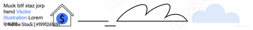 Financial planning, investment, real estate, economy, savings, growth. A house with a dollar sign, an arrow indicating progress and a cloud. Financial planning and investment concepts