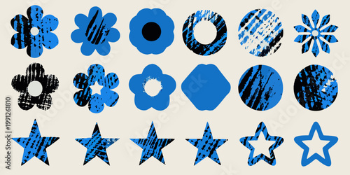 Abstract floral and star shapes in varying shades of blue