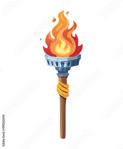 Decorative wall torch with bright fire for castle hallway lighting and medieval atmosphere in fantasy game