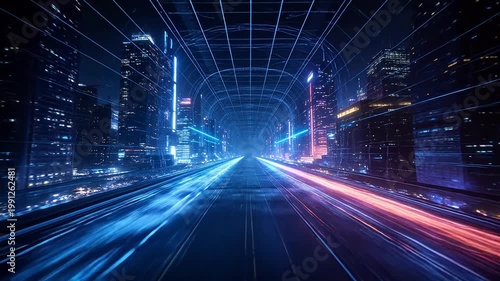 Cyberpunk city night scene with neon lights and grid dome structure