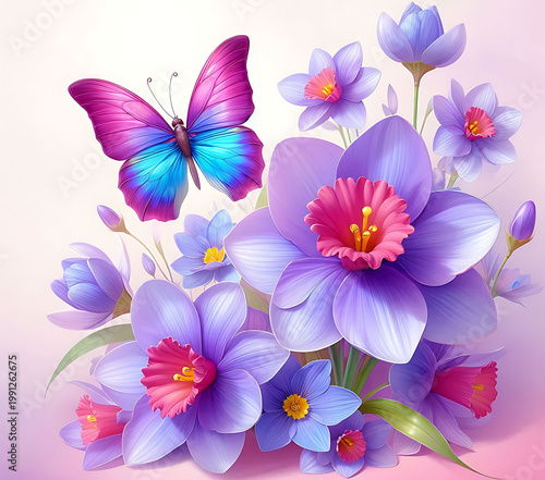3D purple flowers butterfly Png Design