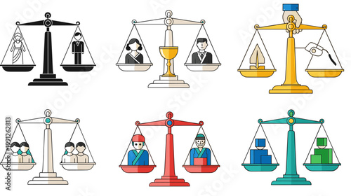 Justice Balance Scale Icon Set with Legal Weighing Equality Court and Measurement Symbol Collection