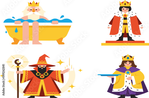 King Cartoon Character Illustration Set Featuring Royal Figures in Bath, Throne, and Robes with Crown, Wealth, and Fantasy Theme for Storybook and Design