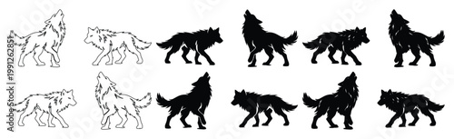 Set of 10 Wolf Silhouettes and Outline Icons Vector