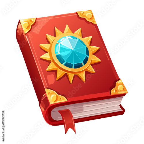 Ancient red book with gold sun symbol for fire magic and sun deity ritual in fantasy RPG