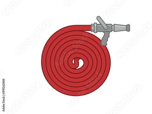 Coiled Red Fire Hose with Spray Nozzle for Emergency Safety.