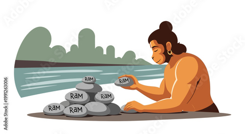 Lord Hanuman writing Ram name on stones for building bridge.