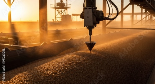 A large industrial machine pours grain into a storage facility at sunset