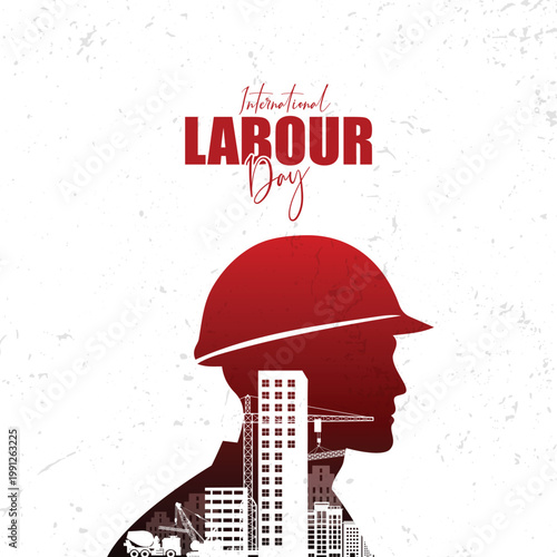 International Labour Day poster featuring worker silhouette with red hard hat, double exposure of city construction scene. Elegant typography on white grunge background.
