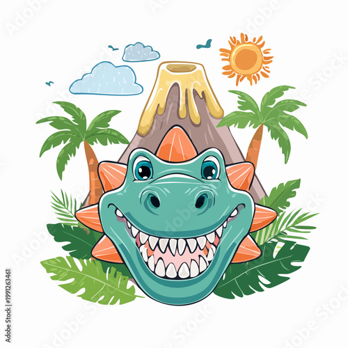 Playful Dinosaur Face with Toothy Grin and Volcano Background, Tropical Palm Trees, Sun, and Clouds