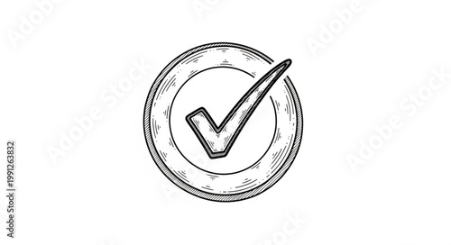 Hand Drawn Check Mark Inside Circle Symbol.
