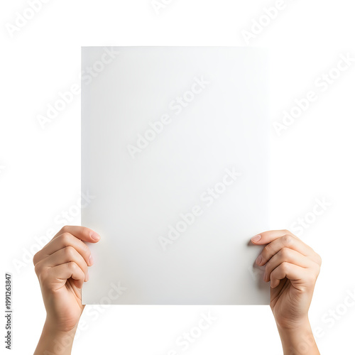 Two hands holding up a blank white rectangular sheet against a light background