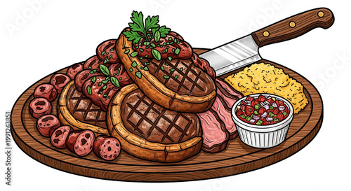 Brazilian barbecue platter, full of meats with classic cuts and traditional side dishes. Typical Brazilian barbecue, with picanha, sausage, vinaigrette and farofa. 