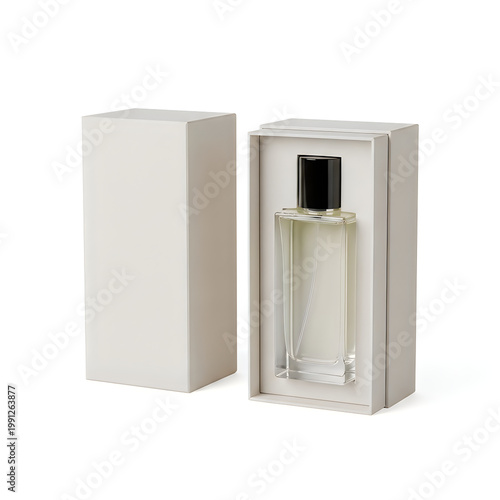 Elegant perfume bottle inside its minimalist gray cardboard packaging