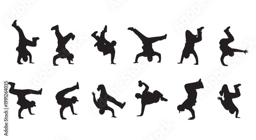 Vector illustration of breakdancing silhouettes in various poses and movements