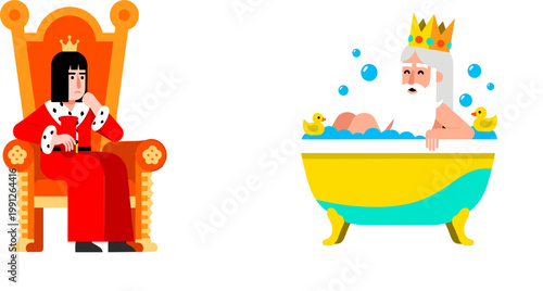 King Cartoon Illustration Set Featuring Royal Character Sitting on Throne and Bathing in Tub with Crown for Fantasy, Humor, and Storybook Design
