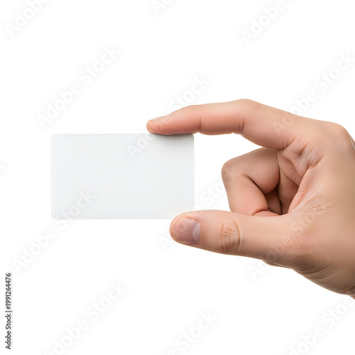 A hand holding a small transparent rectangular object against a plain background