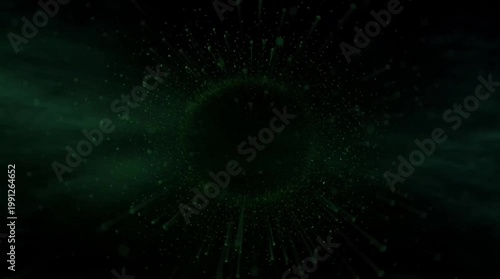 High-energy abstract background with vibrant green light rays and glowing particles radiating from a central dark void creating a futuristic tunnel effect on a dark backdrop.