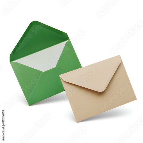 Two overlapping envelopes with green and beige colors in a modern design layout