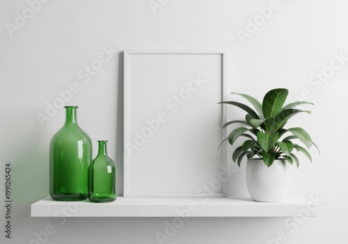 Minimalist white shelf with green bottles, a framed picture, and a potted plant
