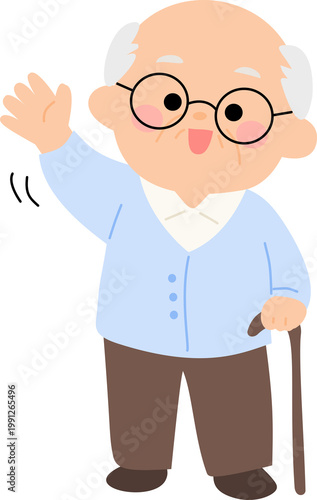 Elderly Man with Glasses and Cane Waving