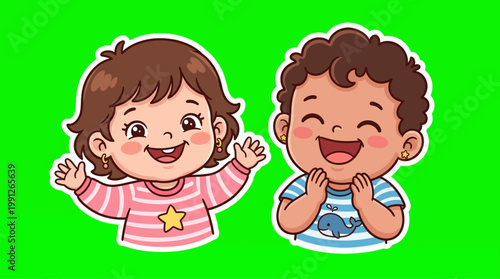 Joyful Cartoon Children Smiling and Waving Hands with Happiness.