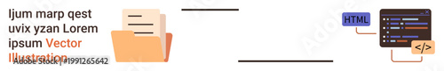 Data organization, web coding, storage solutions, programming education, file sharing, and technology. A folder with documents and HTML coding interface. Data organization and web coding concept