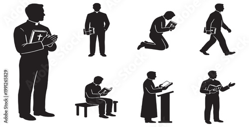 Bild auf Leinwand Collection of Silhouette Illustrations of a Priest in Various Poses and Activities