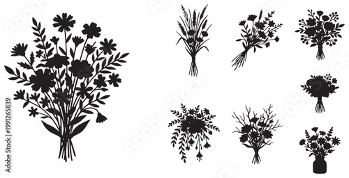 Tableau sur toile Collection of Silhouette Bouquets and Floral Arrangements, Black and White Vector Graphics