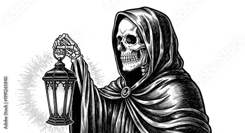 Grim Reaper holding an old lantern in black and white.