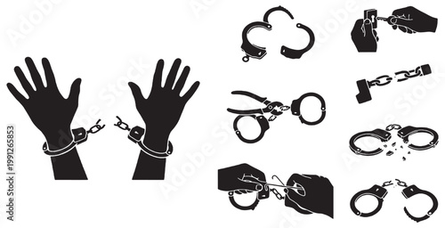 Принти на полотні Set of illustrations depicting handcuffs and their use in various scenarios, including breaking free and being apprehended